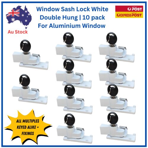 Window-Lock-double-Hung-Sash-White-keyed-alike-aluminium window-wide-base-narrow keeper plate-10 pack