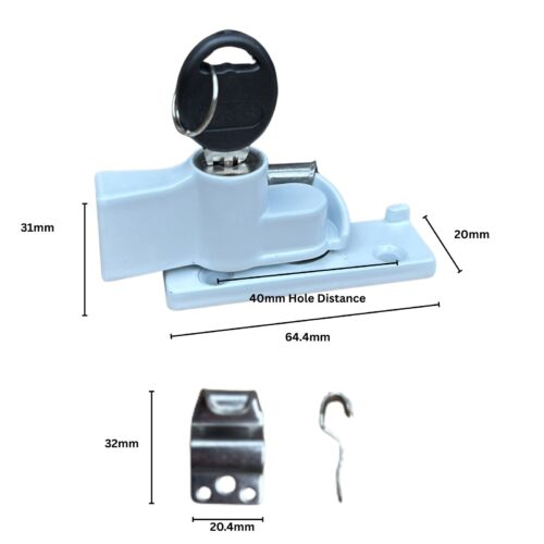 Window-Lock-double-Hung-Sash-White-keyed-alike-aluminium window-wide-base-narrow keeper plate-dimensions