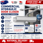 Commercial hydraulic door closer rated to 120kg — adjustable two-valve control, die-cast aluminium, non-handed, non-positioning auto-close, 10-year warranty, Australian delivery
