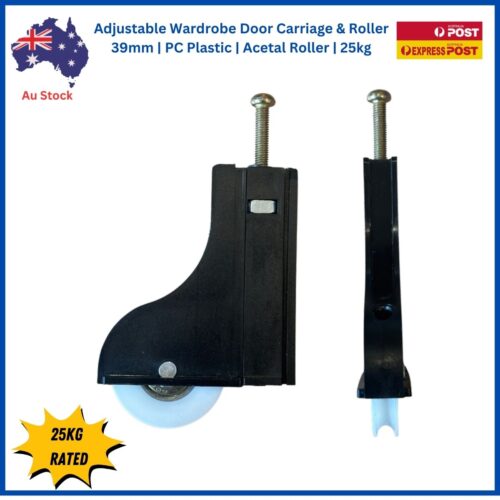 Adjustable wardrobe door carriage and 39mm acetal roller product overview with front and side views