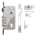 Delf mortice lock set body detail — chrome finish on stainless steel