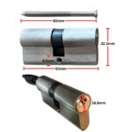Euro cylinder thumbturn key dimensions — 65mm length, 32.3mm height, 16.8mm keyway throat
