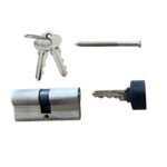 Euro cylinder thumbturn key barrel shown with retaining screw and 2 keys