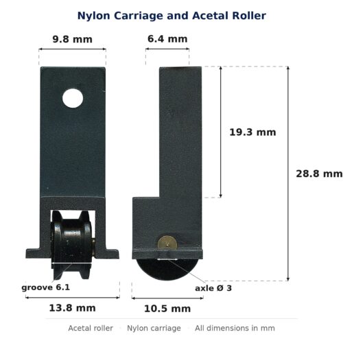 Dimensioned drawing of the 11mm sliding door carriage & acetal roller – nylon 2 pack: 11 x 32 x 10 mm, 11mm roller