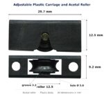 Dimensioned drawing of the 13mm sliding door carriage & acetal roller – plastic 2 pack: 30 x 13 x 9 mm, 13mm roller