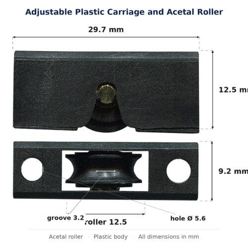 Dimensioned drawing of the 13mm sliding door carriage & acetal roller – plastic 2 pack: 30 x 13 x 9 mm, 13mm roller