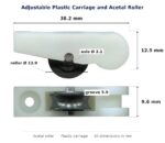 Dimensioned drawing of the 13mm sliding door carriage & acetal roller – adjustable plastic 2 pack: 38 x 15 x 10 mm, 13mm roller