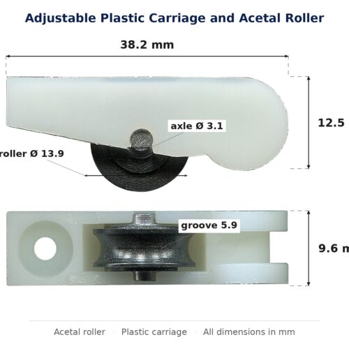Dimensioned drawing of the 13mm sliding door carriage & acetal roller – adjustable plastic 2 pack: 38 x 15 x 10 mm, 13mm roller