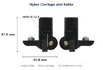 Dimensioned drawing of the 14mm sliding door carriage & acetal roller – nylon: 38 x 39 x 17 mm, 14mm roller
