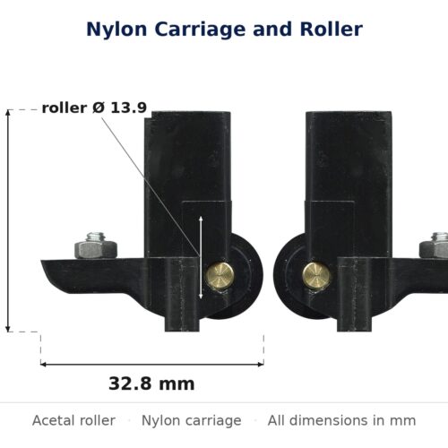 Dimensioned drawing of the 14mm sliding door carriage & acetal roller – nylon: 38 x 39 x 17 mm, 14mm roller