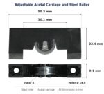 Dimensioned drawing of the 15mm sliding door carriage & steel roller – adjustable acetal 2 pack: 50 x 22 x 9 mm, 15mm roller