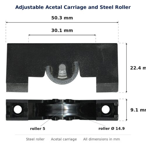Dimensioned drawing of the 15mm sliding door carriage & steel roller – adjustable acetal 2 pack: 50 x 22 x 9 mm, 15mm roller