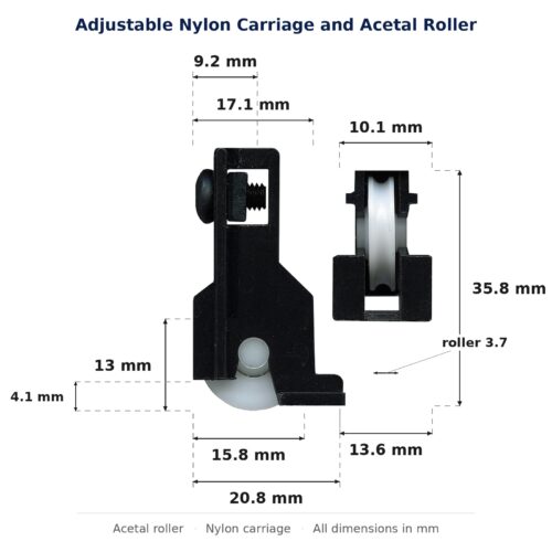 Dimensioned drawing of the 16mm sliding door carriage & acetal roller – adjustable nylon: 21 x 36 x 14 mm, 16mm roller