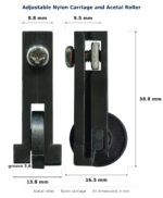 Dimensioned drawing of the 17mm sliding door carriage & acetal roller – adjustable nylon 2 pack: 39 x 17 x 14 mm, 17mm roller