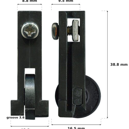 Dimensioned drawing of the 17mm sliding door carriage & acetal roller – adjustable nylon 2 pack: 39 x 17 x 14 mm, 17mm roller