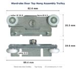 Dimensioned drawing of the 20mm sliding door trolley & nylon roller – wardrobe top hung steel: 90 x 38 x 28 mm, 20mm roller