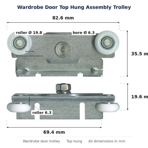 Dimensioned drawing of the 20mm sliding door trolley & nylon roller – wardrobe top hung steel: 90 x 38 x 28 mm, 20mm roller