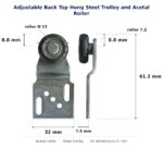 Dimensioned drawing of the 23mm sliding door trolley & acetal roller – adjustable back top hung steel: 32 x 66 x 8 mm, 23mm roller