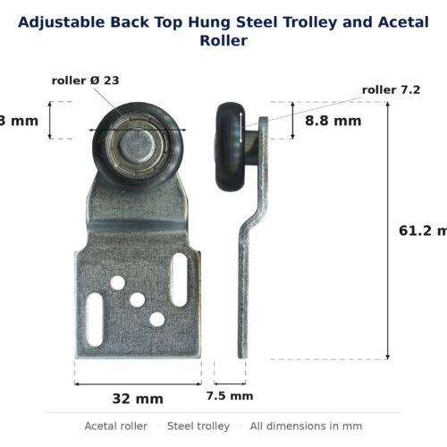 Dimensioned drawing of the 23mm sliding door trolley & acetal roller – adjustable back top hung steel: 32 x 66 x 8 mm, 23mm roller