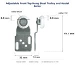 Dimensioned drawing of the 23mm sliding door trolley & acetal roller – adjustable front top hung steel: 32 x 66 x 8 mm, 23mm roller