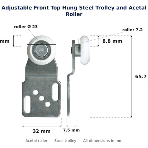 Dimensioned drawing of the 23mm sliding door trolley & acetal roller – adjustable front top hung steel: 32 x 66 x 8 mm, 23mm roller