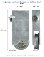 Dimensioned drawing of the 24.9mm sliding door carriage & stainless steel roller – adjustable aluminium: 25.4 x 49.8 x 11.7 mm, 24.9mm roller