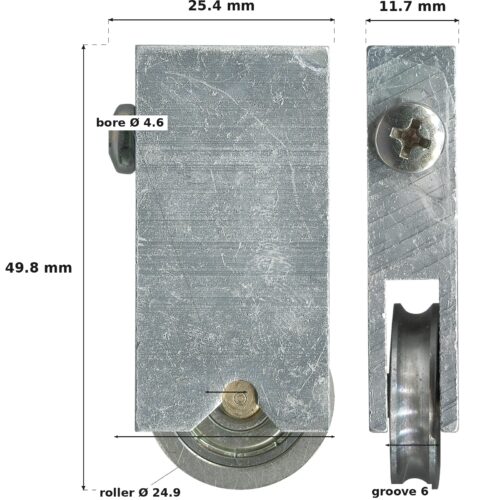 Dimensioned drawing of the 24.9mm sliding door carriage & stainless steel roller – adjustable aluminium: 25.4 x 49.8 x 11.7 mm, 24.9mm roller