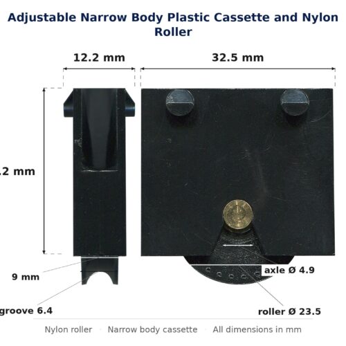 Dimensioned drawing of the 24mm sliding door cassette & nylon roller – adjustable narrow body plastic: 33 x 33 x 12 mm, 24mm roller