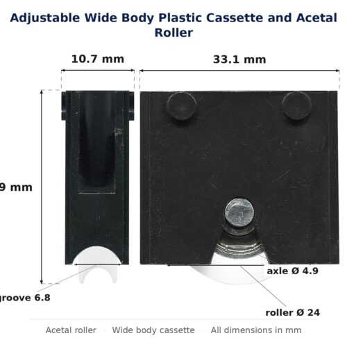 Dimensioned drawing of the 24mm sliding door cassette & acetal roller – adjustable wide body plastic: 33 x 32 x 11 mm, 24mm roller
