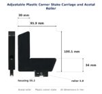 Dimensioned drawing of the 24mm screen door corner stake & acetal roller – adjustable plastic: 96 x 117 x 17 mm, 24mm roller