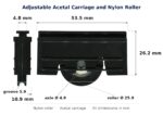 Dimensioned drawing of the 26mm sliding door carriage & nylon roller – adjustable screen acetal: 33 x 54 x 11 mm, 26mm roller