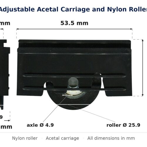Dimensioned drawing of the 26mm sliding door carriage & nylon roller – adjustable screen acetal: 33 x 54 x 11 mm, 26mm roller