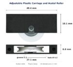 Dimensioned drawing of the 27mm sliding door carriage & acetal roller – plastic: 48 x 27 x 9 mm, 27mm roller