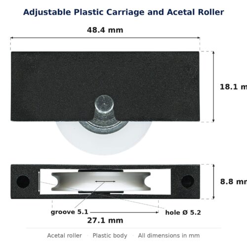 Dimensioned drawing of the 27mm sliding door carriage & acetal roller – plastic: 48 x 27 x 9 mm, 27mm roller