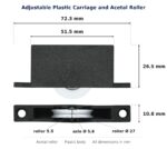 Dimensioned drawing of the 27mm sliding door carriage & acetal roller – adjustable plastic: 72 x 34 x 11 mm, 27mm roller