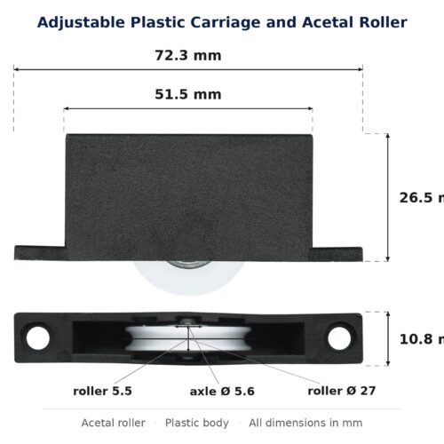 Dimensioned drawing of the 27mm sliding door carriage & acetal roller – adjustable plastic: 72 x 34 x 11 mm, 27mm roller