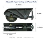 Dimensioned drawing of the sliding door carriage & acetal roller – adjustable nylon: 79.2 x 28 x 21.9 mm
