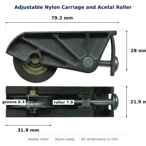 Dimensioned drawing of the sliding door carriage & acetal roller – adjustable nylon: 79.2 x 28 x 21.9 mm
