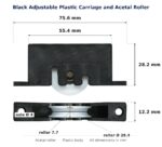 Dimensioned drawing of the 28mm sliding door carriage & acetal roller – black adjustable plastic: 76 x 35 x 12 mm, 28mm roller