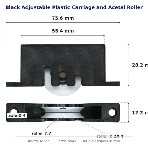Dimensioned drawing of the 28mm sliding door carriage & acetal roller – black adjustable plastic: 76 x 35 x 12 mm, 28mm roller