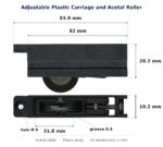 Dimensioned drawing of the sliding door carriage & acetal roller – adjustable plastic: 93.9 x 28.2 x 19.2 mm