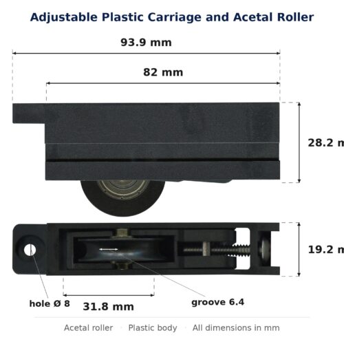 Dimensioned drawing of the sliding door carriage & acetal roller – adjustable plastic: 93.9 x 28.2 x 19.2 mm