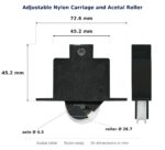 Dimensioned drawing of the 29mm sliding door carriage & acetal roller – adjustable nylon: 73 x 67 x 16 mm, 29mm roller