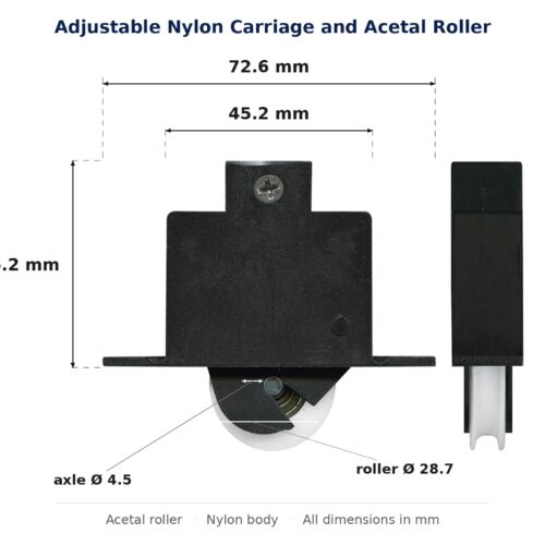 Dimensioned drawing of the 29mm sliding door carriage & acetal roller – adjustable nylon: 73 x 67 x 16 mm, 29mm roller