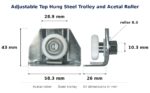 Dimensioned drawing of the 29mm sliding door trolley & acetal roller – adjustable top hung steel: 58 x 43 x 26 mm, 29mm roller
