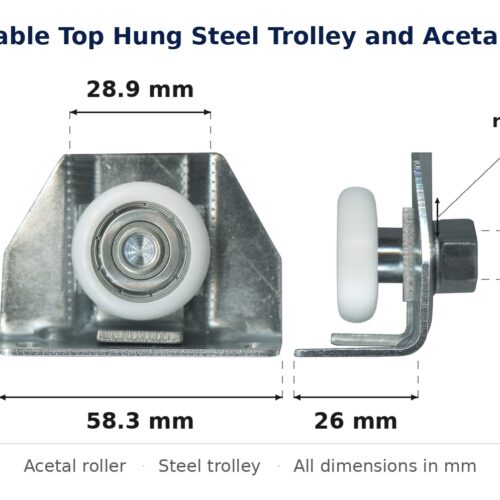 Dimensioned drawing of the 29mm sliding door trolley & acetal roller – adjustable top hung steel: 58 x 43 x 26 mm, 29mm roller