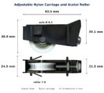 Dimensioned drawing of the sliding door carriage & acetal roller – adjustable nylon: 63.5 x 30.9 x 24.5 mm