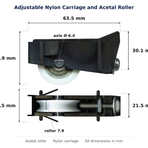 Dimensioned drawing of the sliding door carriage & acetal roller – adjustable nylon: 63.5 x 30.9 x 24.5 mm