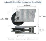Dimensioned drawing of the 32mm sliding door carriage & acetal roller – adjustable aluminium: 44.2 x 37.1 x 17 mm, 32mm roller