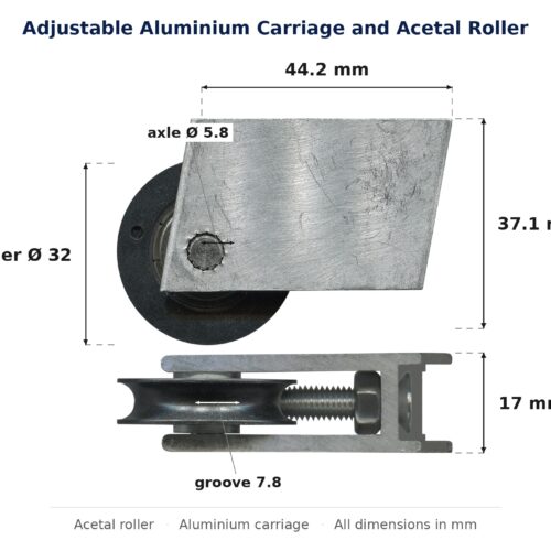 Dimensioned drawing of the 32mm sliding door carriage & acetal roller – adjustable aluminium: 44.2 x 37.1 x 17 mm, 32mm roller